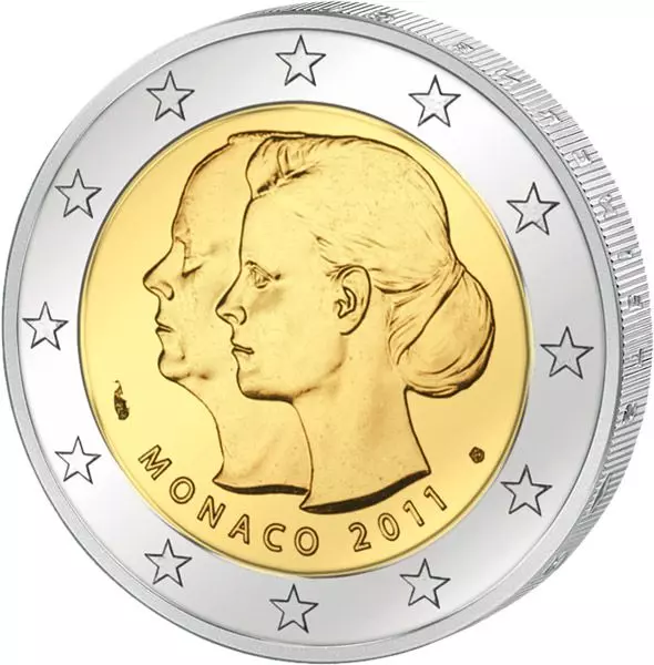 Das Bild zeigt die 2 Euro Monaco Fürst Albert II. und Charlene Wittstock 2011