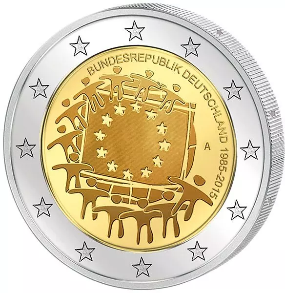 Das Bild zeigt die 2 Euro 30 Jahre Europaflagge Gemeinschaftsausgabe aller Länder 2015 prägefrisch