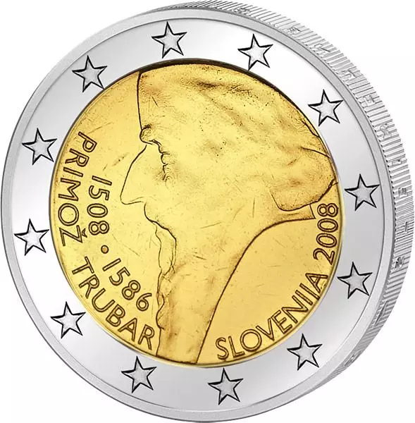 Vorderseite 2 Euro Slowenien 500. Geburtstag Primoz Trubar 2008