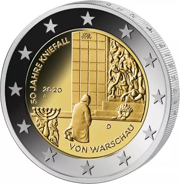 2-Euro-Münze 2020 „50 Jahre Kniefall von Warschau“ mit Darstellung von Willy Brandt kniend vor Denkmal