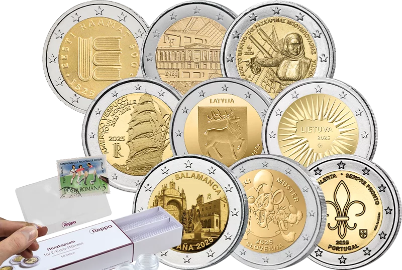 Das Bild zeigt 9 x 2 Euro Spar-Set 2025 inkl. 50 Kapseln im Schuber und Visitenkarte Lupe