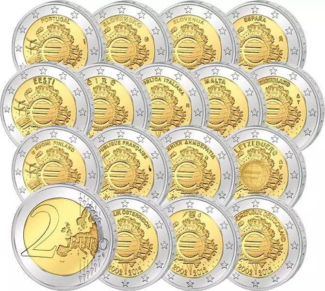 Das Bild zeigt 17x2 Euro 10 Jahre Euro Gemeinschaftsausgabe aller Länder 2012 prägefrisch