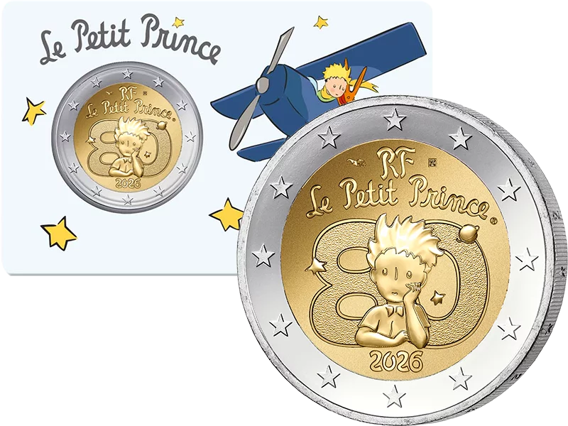 Das Bild zeigt die Münze 2 Euro Frankreich 80 Jahre der kleine Prinz - Flugzeug 2026 in Coin Card