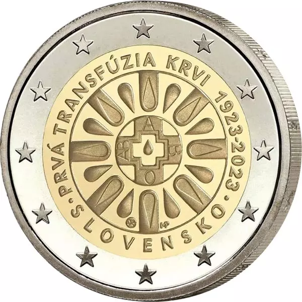 Das Bild zeigt die 2 Euro Slowakei 100 Jahre Erste Bluttransfusion in der Slowakei 202