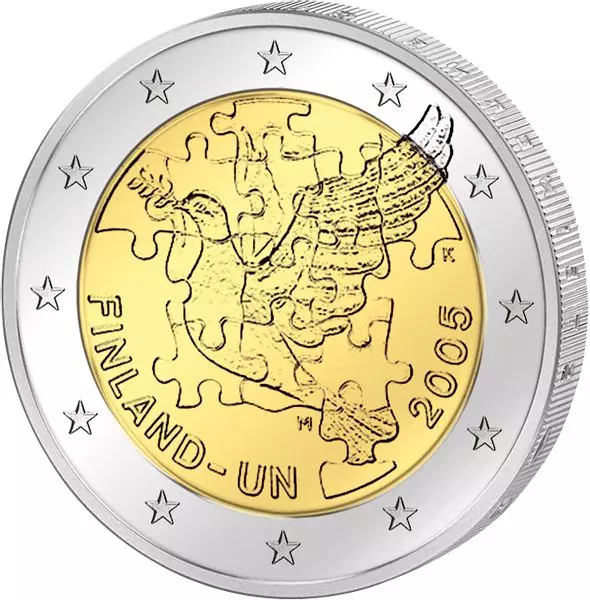 Das Bild zeigt die Münze 2 Euro Finnland 50 Jahre UN-Beitritt 2005