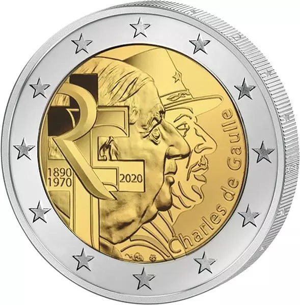 2-Euro-Münze Frankreich 2020 „Charles de Gaulle“ mit Doppelporträt des Staatsmannes als General und Präsident, Lothringer Kreuz und Schriftzug RF