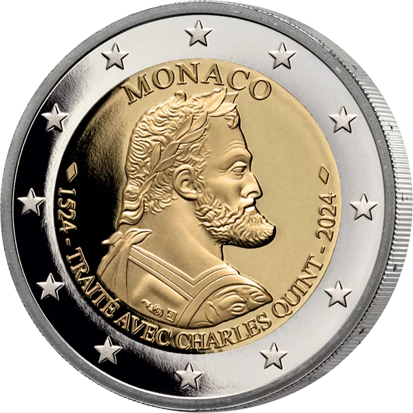Vorderseite 2 Euro Monaco 500 Jahre Vertrag mit Karl V. 2024