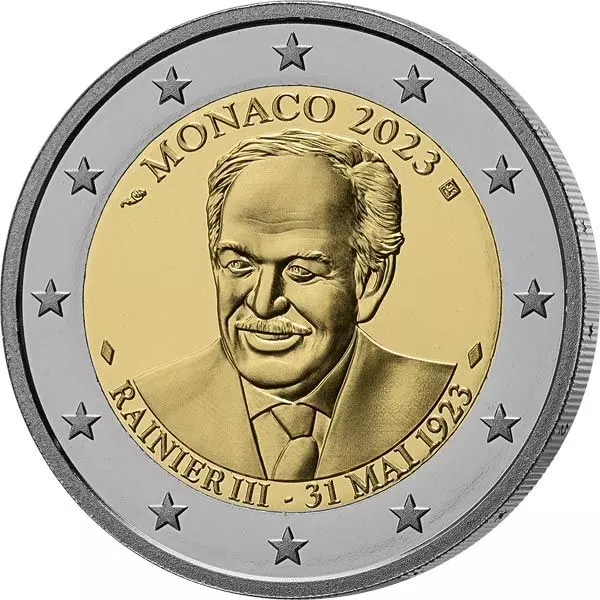 Vorderseite 2 Euro Monaco 100. Geburtstag von Fürst Rainier III. 2023