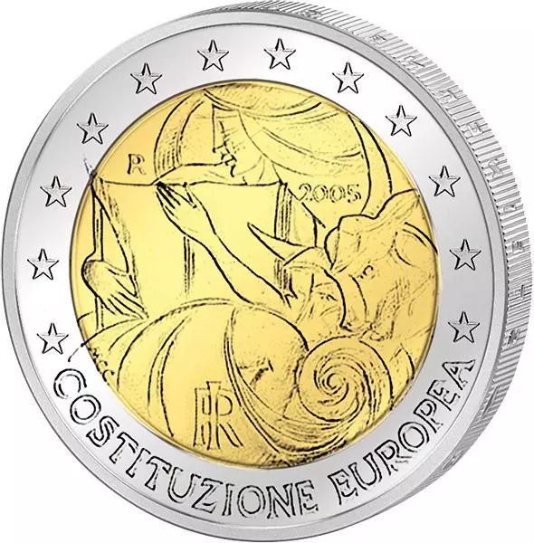 Das Bild zeigt die Münze 2 Euro Italien 1 Jahr Europäische Verfassung 2005
