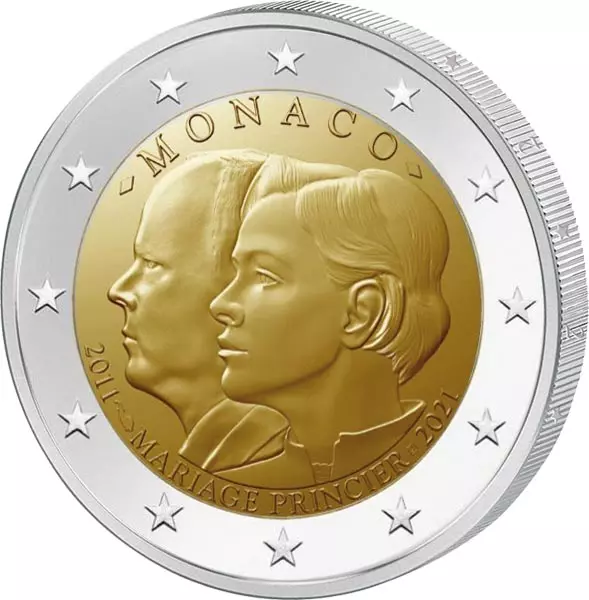 Vorderseite 2 Euro Monaco 10. Hochzeitstag von Fürst Albert II. und Fürstin Charléne 2021