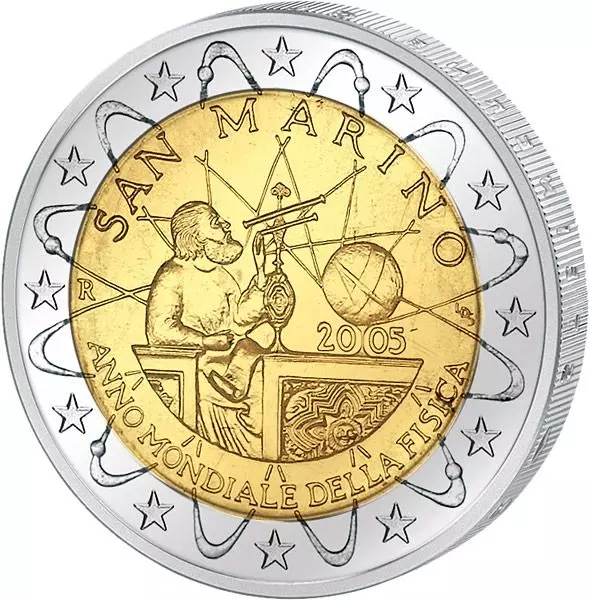Das Bild zeigt die Münze 2 Euro San Marino Internationales Jahr der Physik