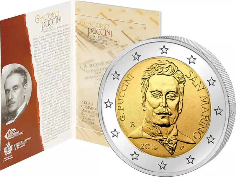 Das Bild zeigt die Münze 2 Euro San Marino Giacomo Puccini 2014