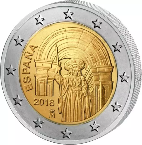 2-Euro-Münze Spanien 2018 „UNESCO-Welterbe Altstadt von Santiago de Compostela“ mit Darstellung des Apostels Jakobus vor der Kathedrale und Inschrift „ESPAÑA 2018“ 
