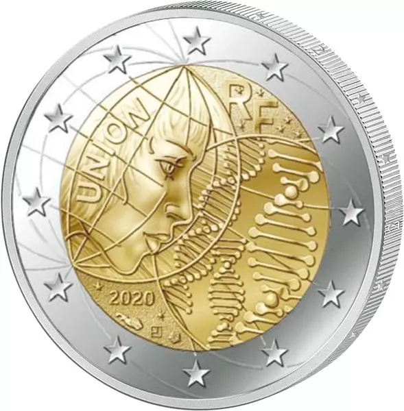 2-Euro-Gedenkmünze Frankreich 2020 mit Darstellung von Forschung, einer Frau, DNA-Strang und Schriftzug „UNION RF“ 