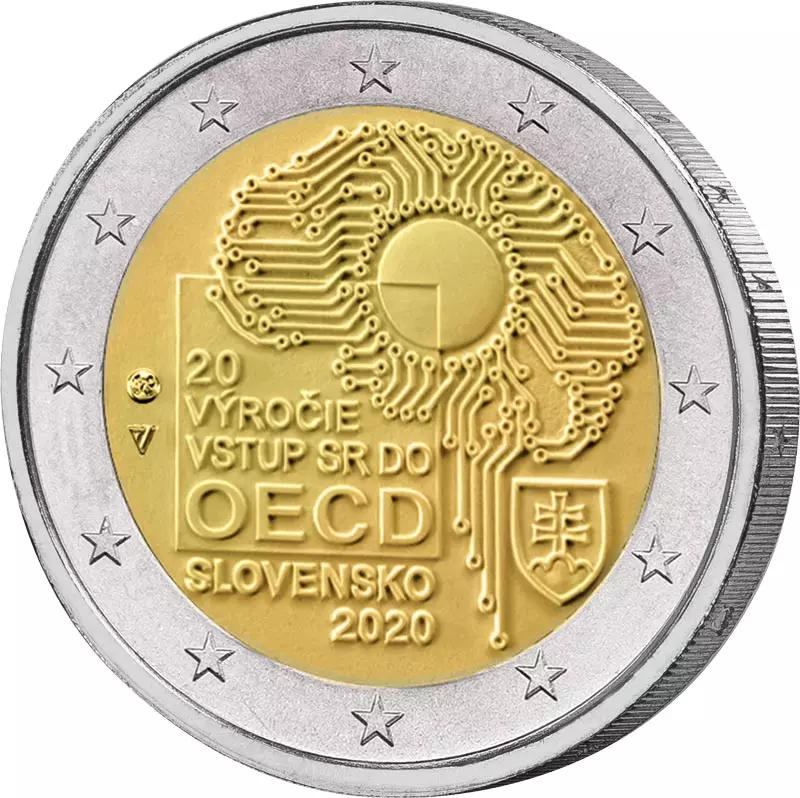 2-Euro-Münze Slowakei 2020 „20 Jahre OECD-Beitritt“ mit Gehirn in Form einer Computerplatine, zentralem Kreis und Inschrift zum Jubiläum
