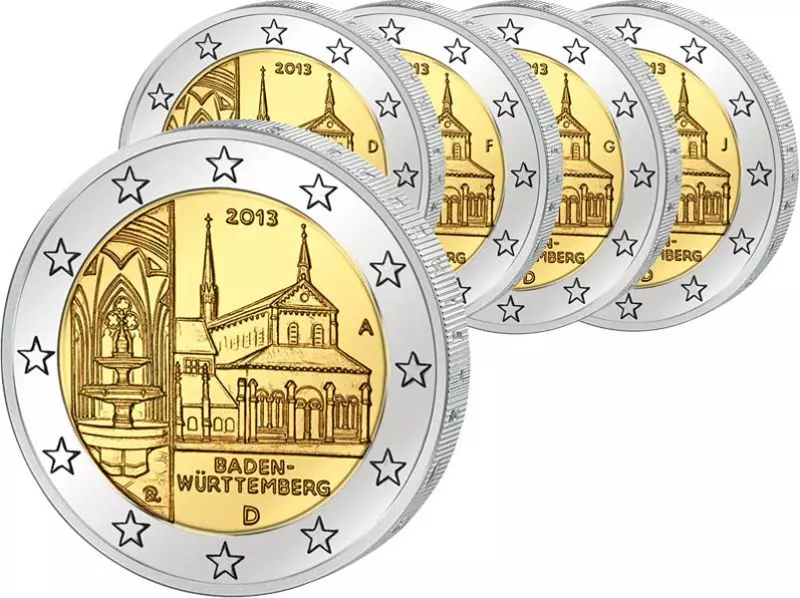 Das Bild zeigt 5x2 Euro BRD Baden-Württemberg Kloster Maulbronn 2013 prägefrisch (A - J)